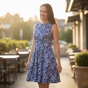 YASHA Blue White Abstract Fit & Flare Dress Small |‎ Coastal Chic Brunch Style